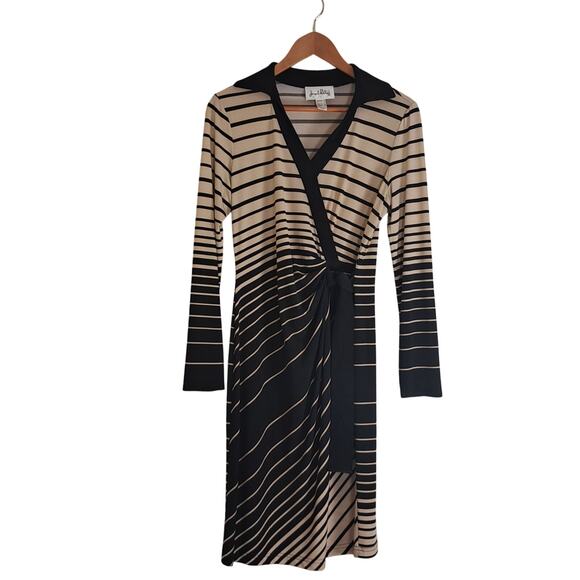 Joseph Ribkoff Stripe Faux Wrap Ruched Long Sleeve Shirt Dress Business Sz 12 - Picture 1 of 14